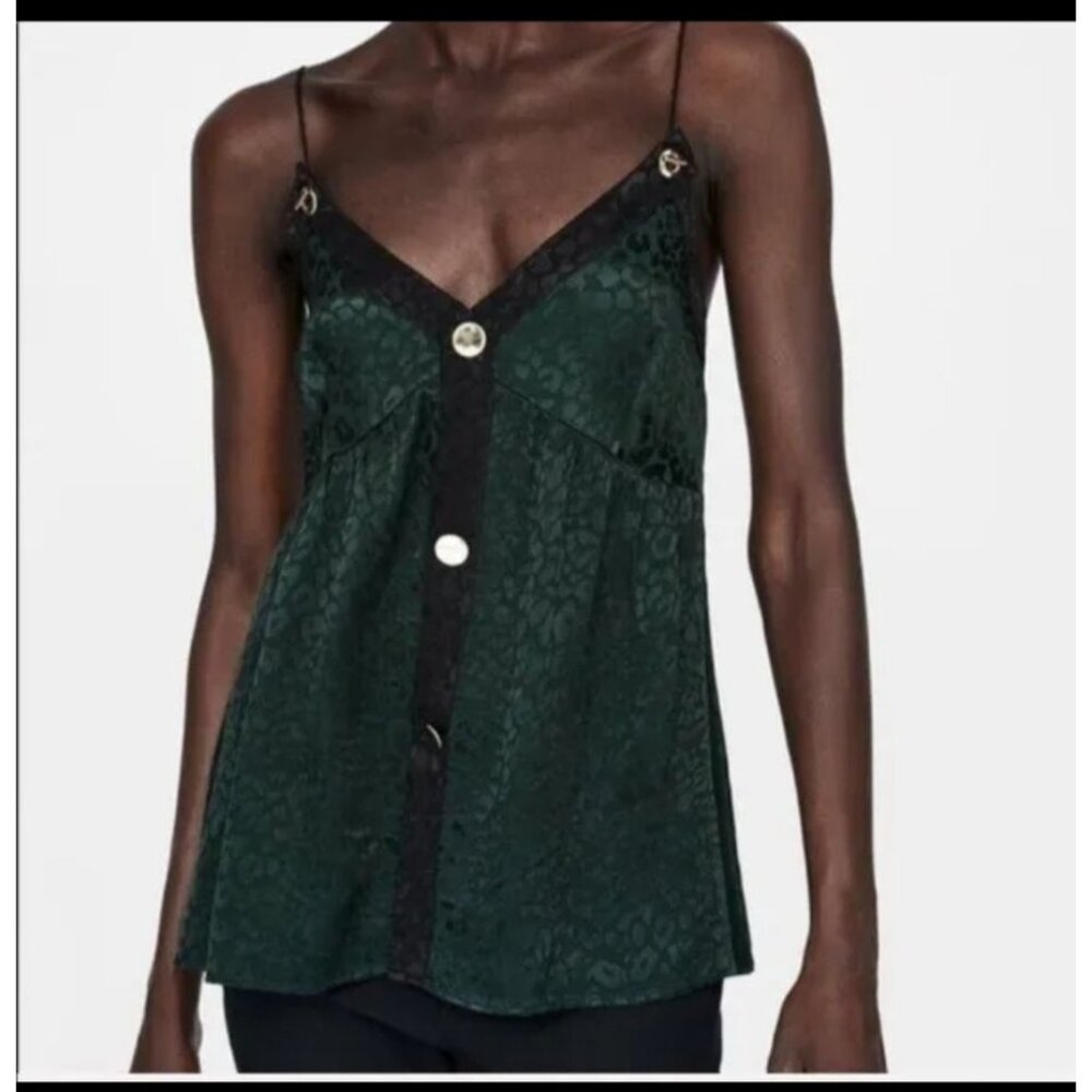 New Zara Leopard Print Satin Cami Blouse size XS Green